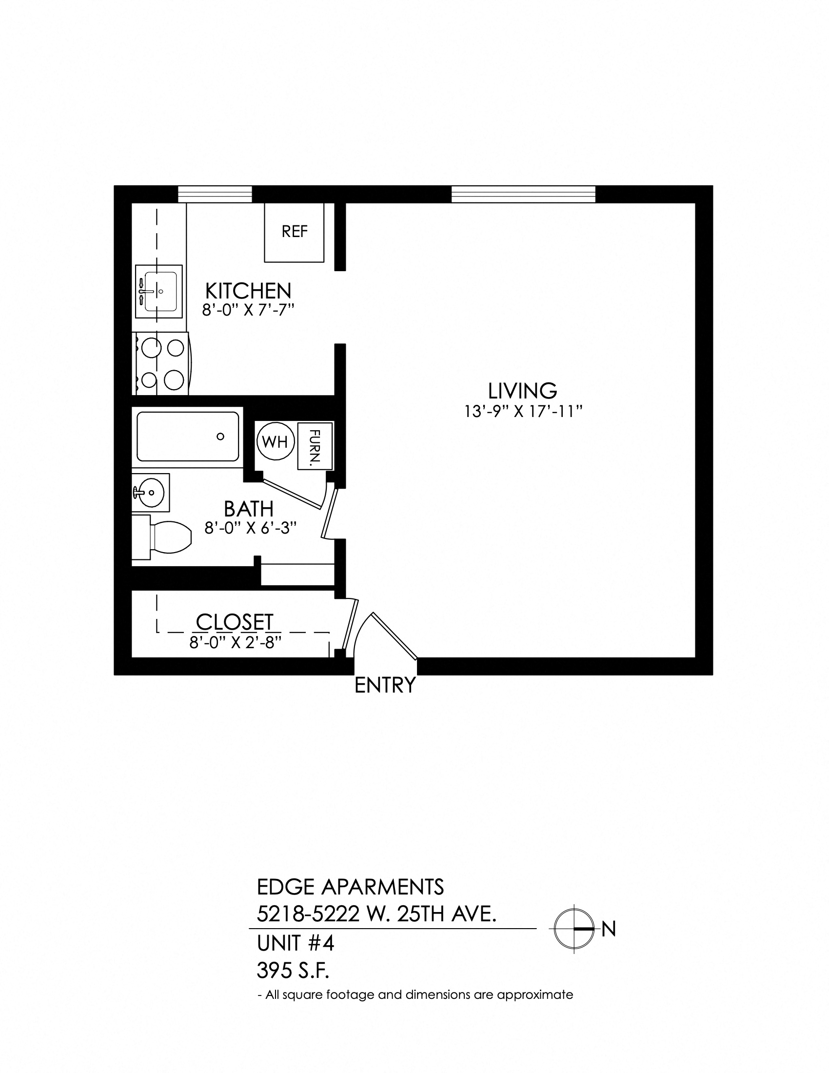 Floor plan for studio, 1 bath, 395 sqft